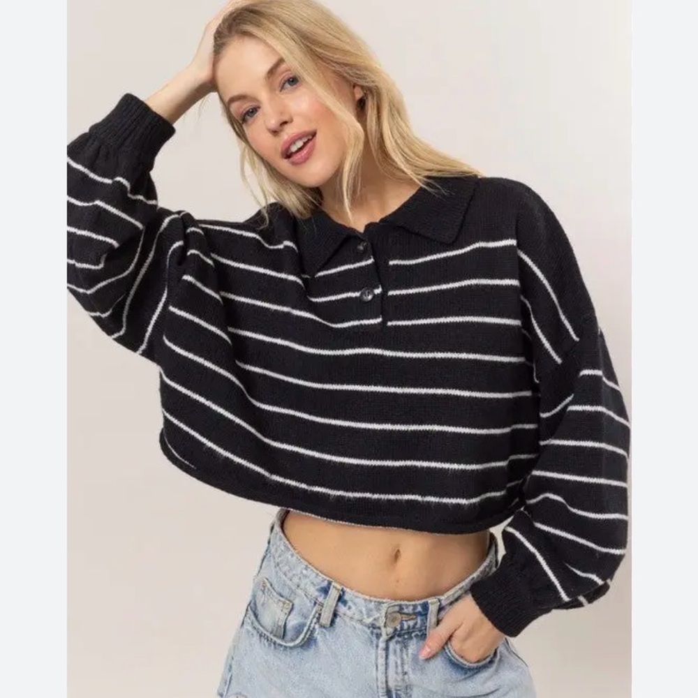 Double Zero collared Henley style black striped cropped‎ sweater NWT size Large
